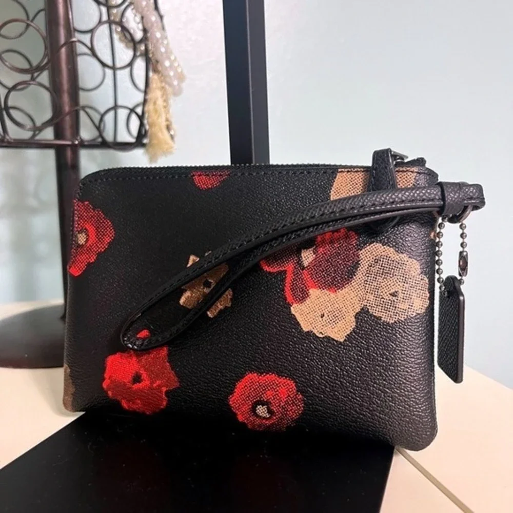 Coach Black Red Poppy Floral‎ Print Crossgrain Leather Small Wristlet Bag